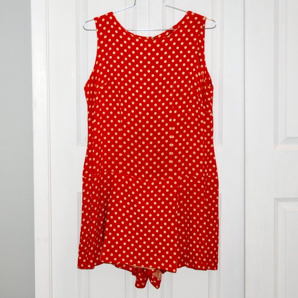 1960s SKORT dress, romper scooter dress, XL Bust 44, red with white polka dots